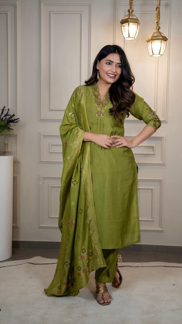 Lorenvalley Fashion Green Roman Silk Embroidery Sequence Work Kurta Pant with Dupatta | Grocsy