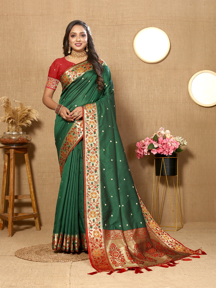 Lorenvalley Fashion Green Soft Paithani Silk Woven Design Rich Meenakari Zari Weaving Pallu Saree | Grocsy