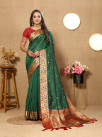 Lorenvalley Fashion Green Soft Paithani Silk Woven Design Rich Meenakari Zari Weaving Pallu Saree | Grocsy