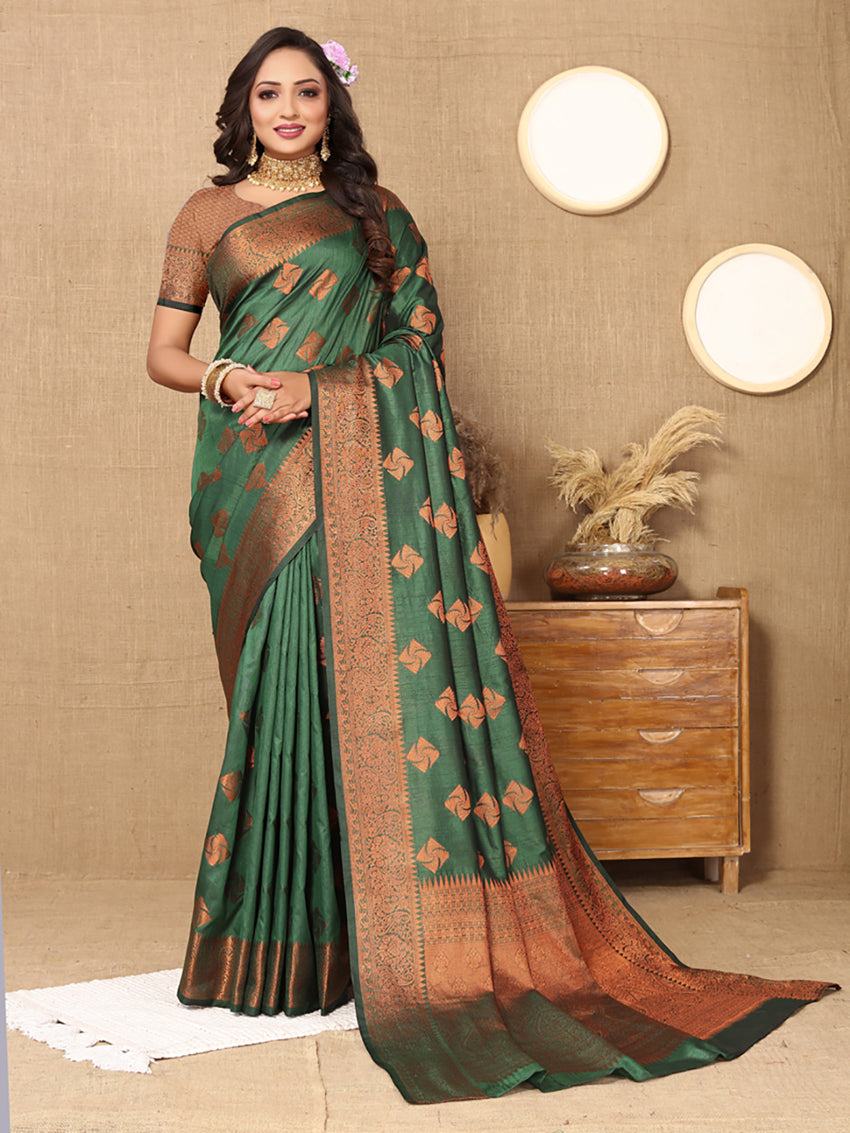 Lorenvalley Fashion Green Soft Katan Silk Woven Design Copper Zari Weaving Saree | Grocsy