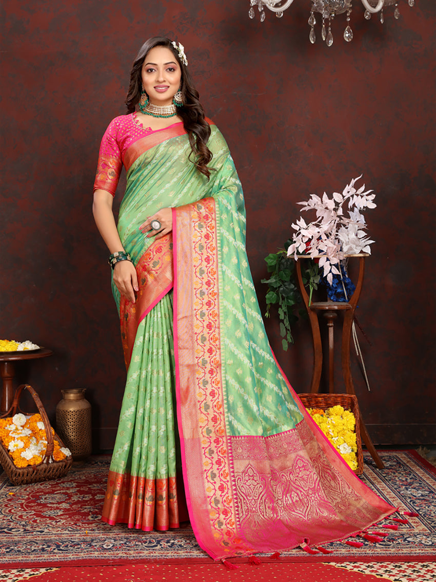 Lorenvalley Fashion Green Organza Silk Woven Design with Rich Meenakari Weaving Pallu Saree | Grocsy