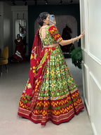 Lorenvalley Green Tussar Silk Patola Print With Foil Work And Original Mirror Gamthi Lace Lehenga Choli with Dupatta | Grocsy