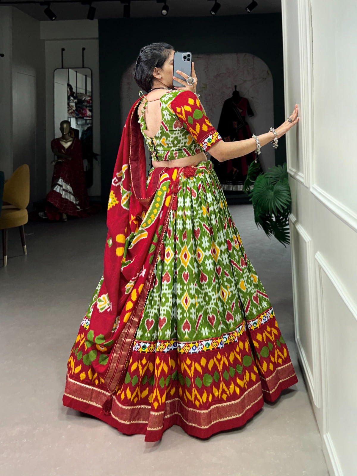 Lorenvalley Green Tussar Silk Patola Print With Foil Work And Original Mirror Gamthi Lace Lehenga Choli with Dupatta | Grocsy