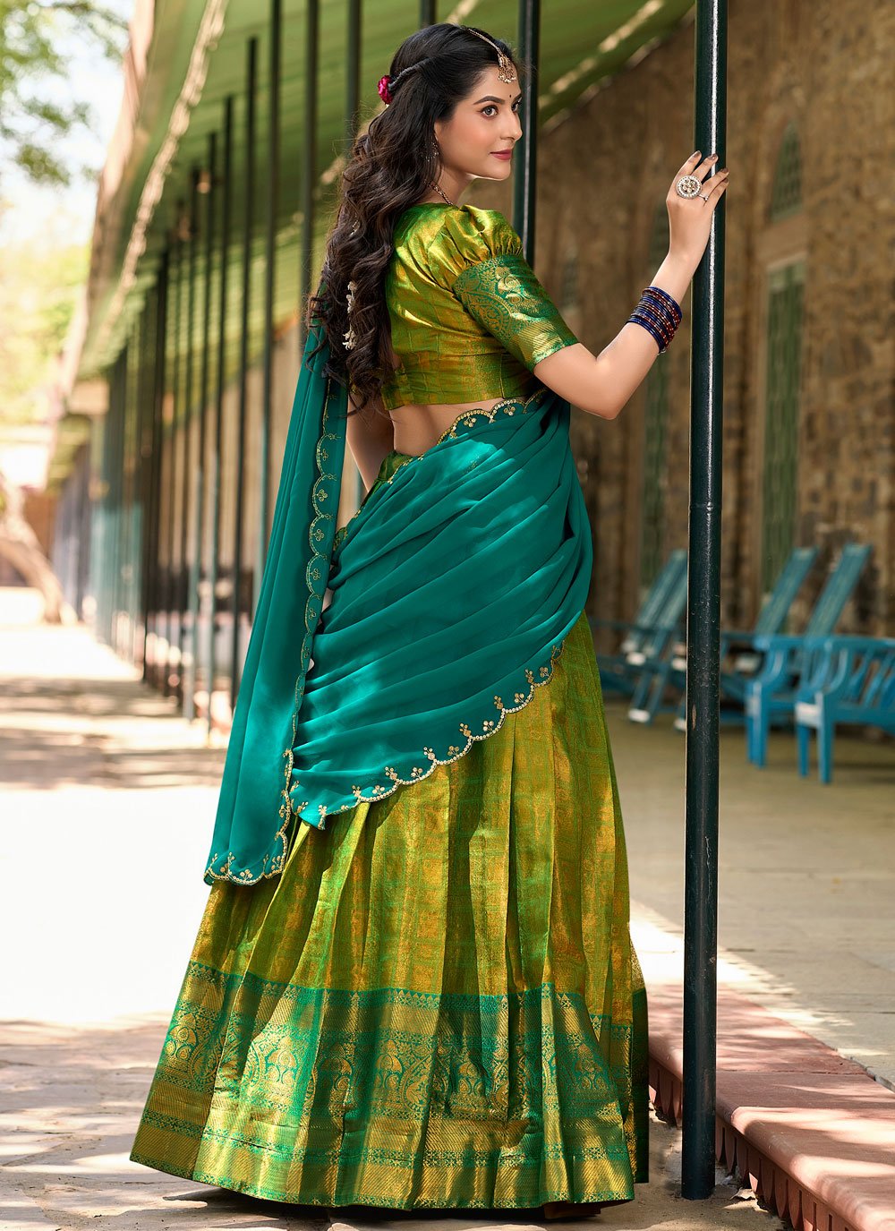 Lorenvalley Green Kanjivaram Silk Zari Weaving Lehenga Choli with Dupatta | Grocsy
