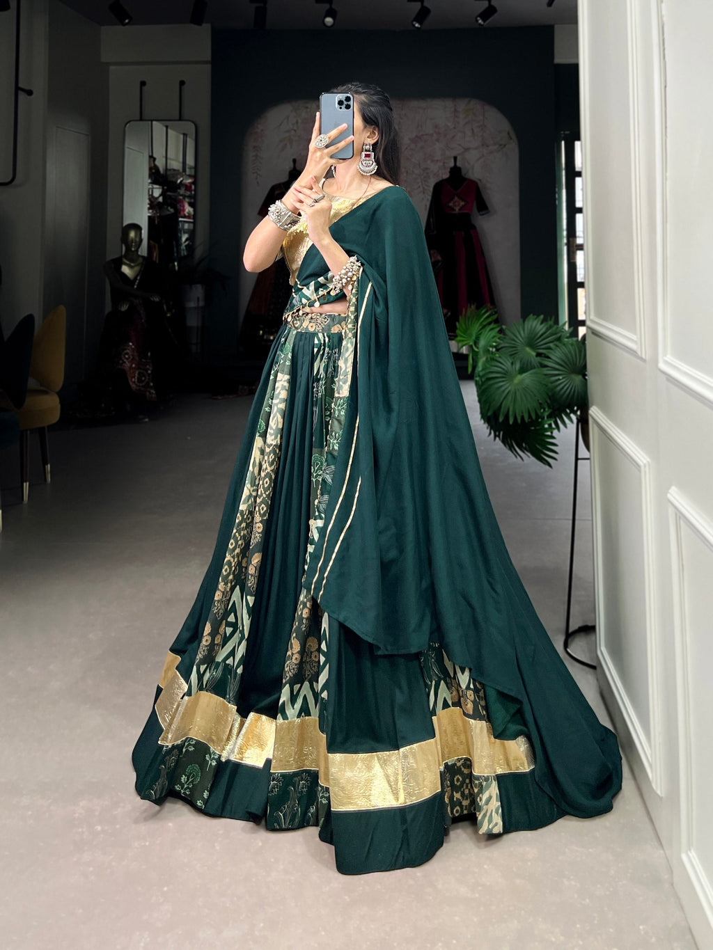 Lorenvalley Green Rayon and Tussar Silk Plain And Printed With Embossed Design Gota Lace Lehenga Choli with Dupatta | Grocsy
