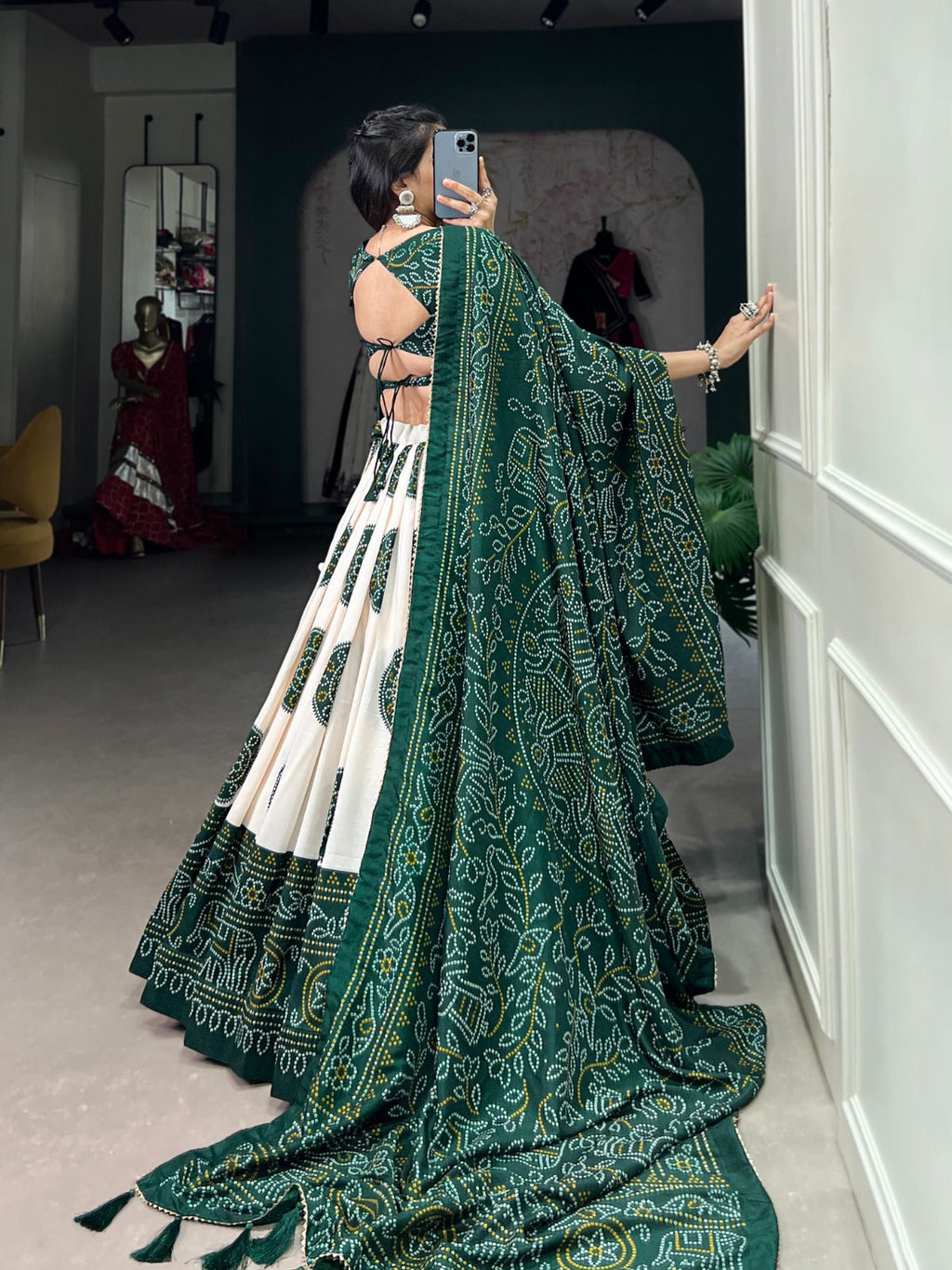 Lorenvalley Green Tussar Silk with Bandhej Print Lehenga Choli | Grocsy