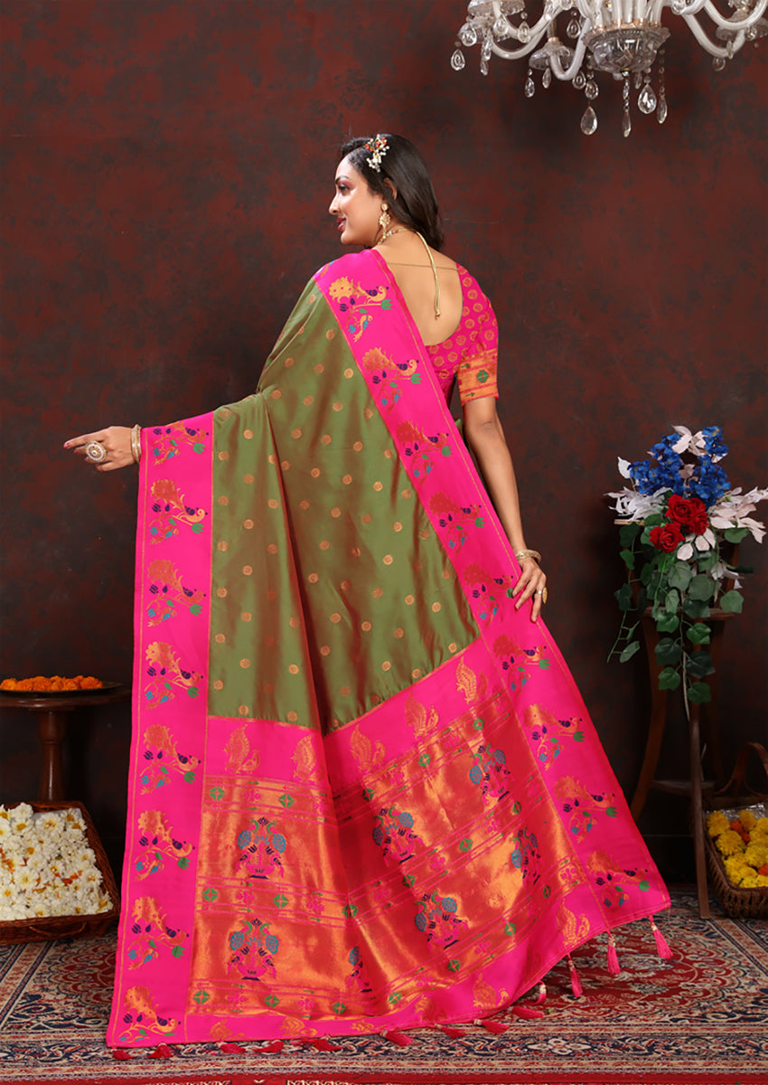 Lorenvalley Fashion Green Soft Paithani Silk Woven Design Rich Zari Meenakari Weaving Saree | Grocsy