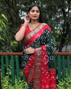 Lorenvalley Premium Pure Bandhej Tapeta Soft light weight silk saree with zari weaving Border - Multicolor | Grocsy