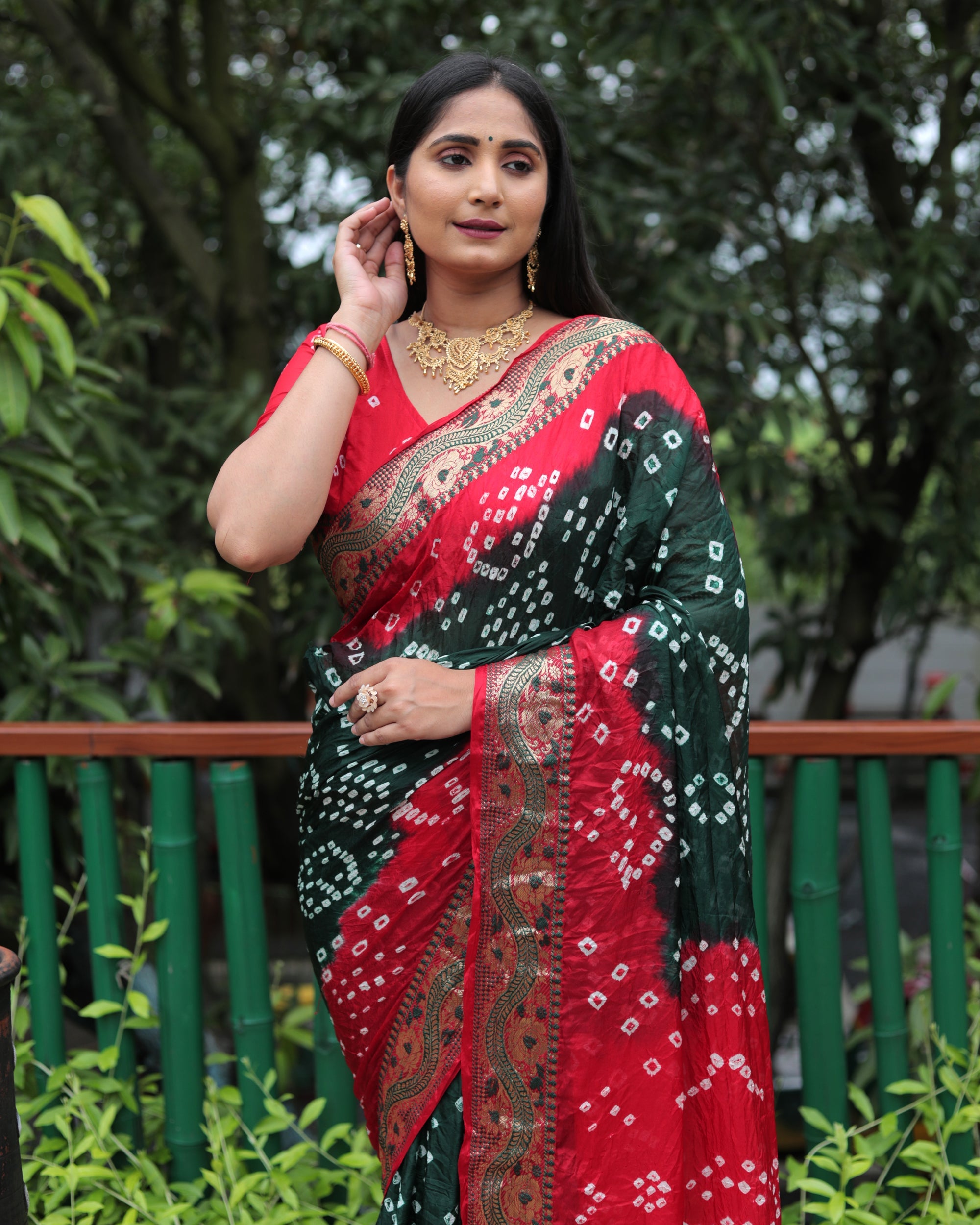 Lorenvalley Premium Pure Bandhej Tapeta Soft light weight silk saree with zari weaving Border - Multicolor | Grocsy