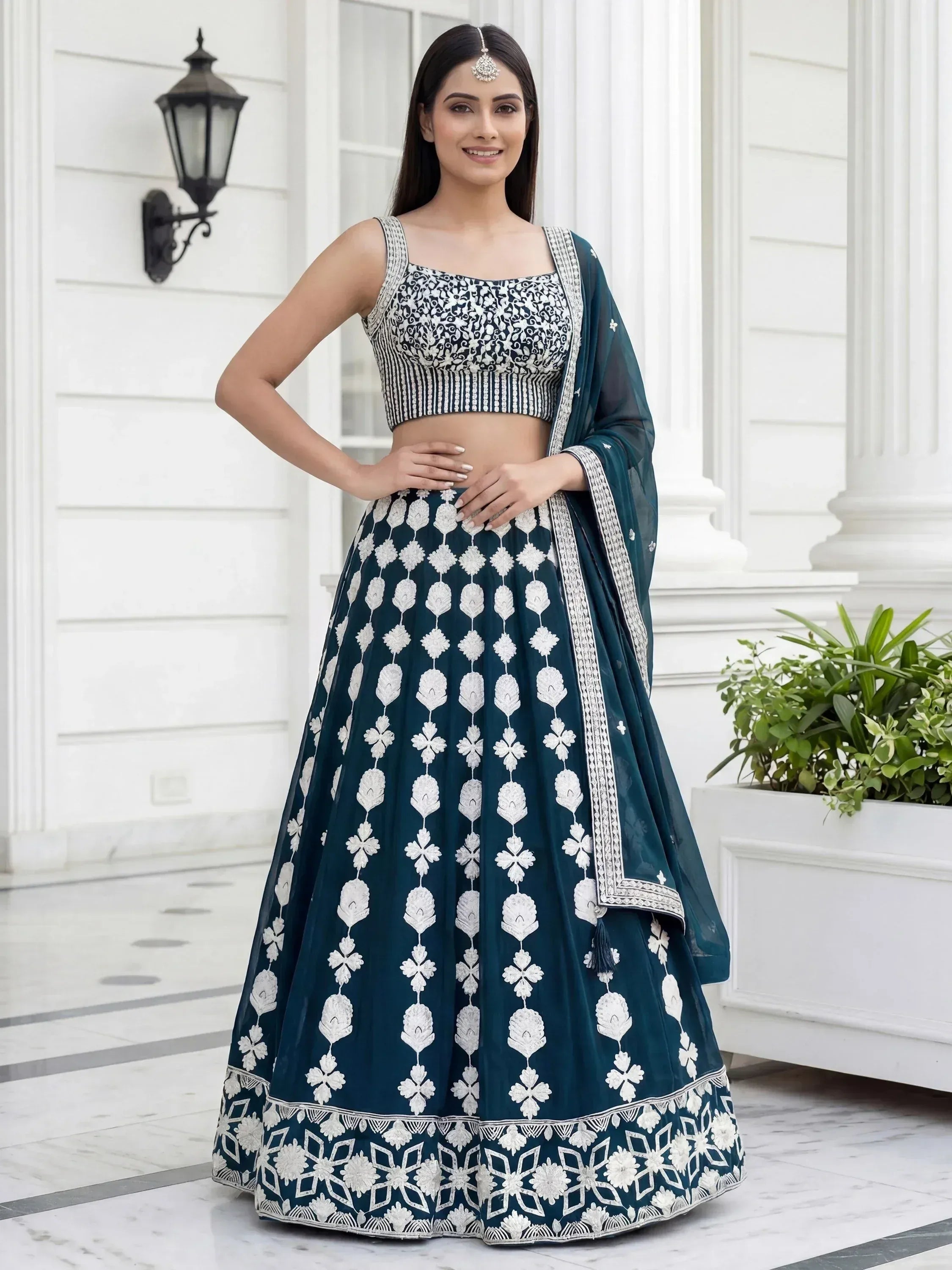 Tulsi Art Attractive Green Thread Embroidered Georgette Party Wear Lehenga Choli | Grocsy