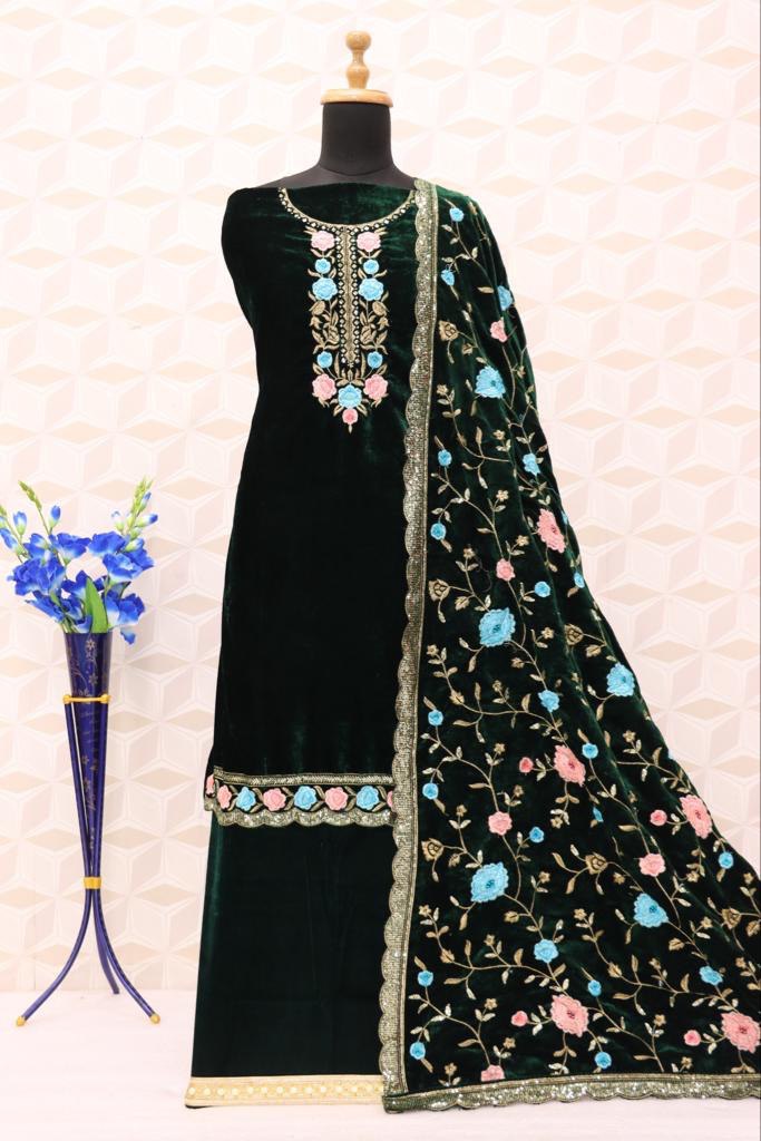 Lorenvalley Fashion Women Green Velvet Embroidered Salwar Suit Material | Grocsy