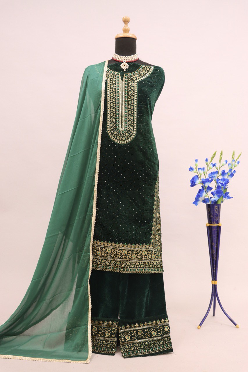 Lorenvalley Fashion Women Green Velvet Embroidered Salwar Suit Material | Grocsy
