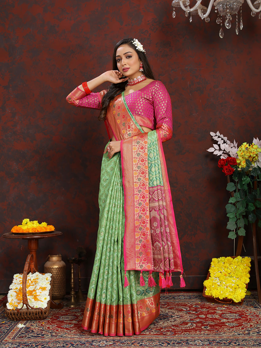 Lorenvalley Fashion Green Organza Silk Woven Design with Rich Meenakari Weaving Pallu Saree | Grocsy