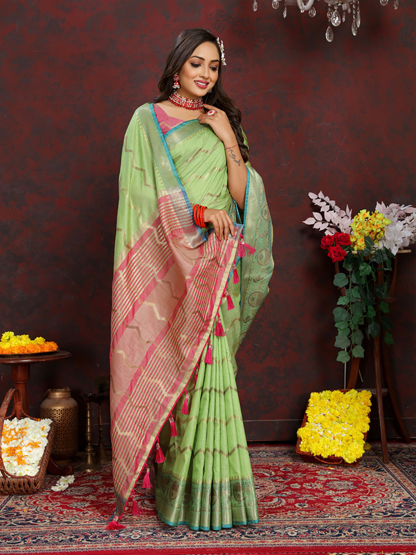 Lorenvalley Fashion Green Soft Katan Silk Woven Design Zari Weaving Pallu Saree | Grocsy