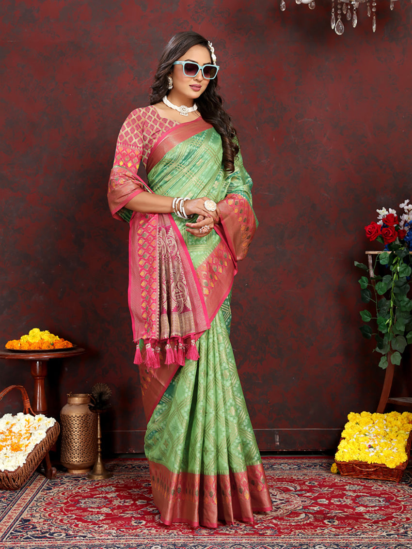 Lorenvalley Fashion Green Organza Silk Woven Design with Rich Meenakari Weaving Pallu Saree | Grocsy