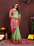 Lorenvalley Fashion Green Organza Silk Woven Design with Rich Meenakari Weaving Pallu Saree | Grocsy