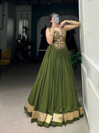 Lorenvalley Pure Rayon Green Plain With Embossed Design Lace Touch Up Lehenga Choli | Grocsy
