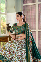 Lorenvalley Green Tussar Silk Floral Print with Foil Print Lehenga Choli with Dupatta | Grocsy