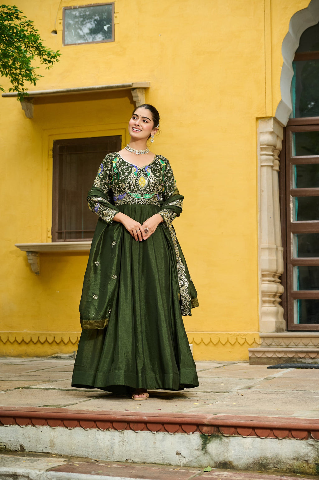 Lorenvalley Fashion Green Vichitra Silk with Multi Thread & Embroidered work Anarkali Gown with Dupatta | Grocsy