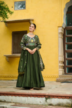 Lorenvalley Fashion Green Vichitra Silk with Multi Thread & Embroidered work Anarkali Gown with Dupatta | Grocsy