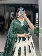 Lorenvalley Green Tussar Silk with Bandhej Print Lehenga Choli | Grocsy