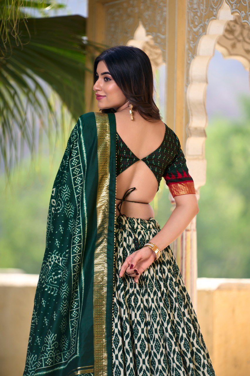 Lorenvalley Green Tussar Silk Ikkat Print With Foil Work Lehenga Choli with Dupatta | Grocsy