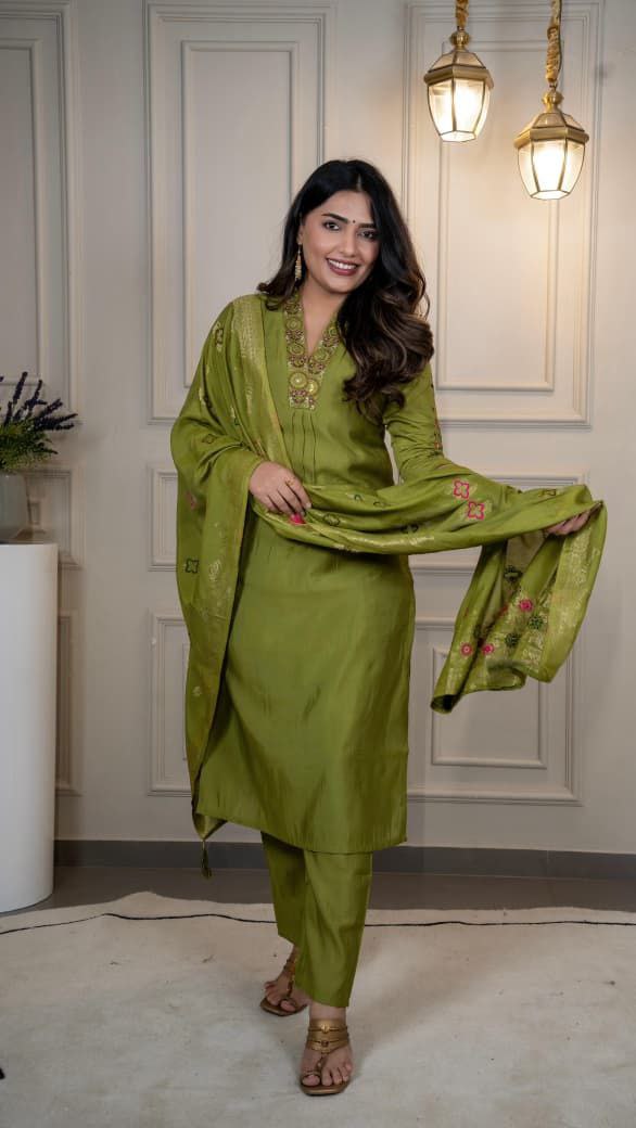 Lorenvalley Fashion Green Roman Silk Embroidery Sequence Work Kurta Pant with Dupatta | Grocsy