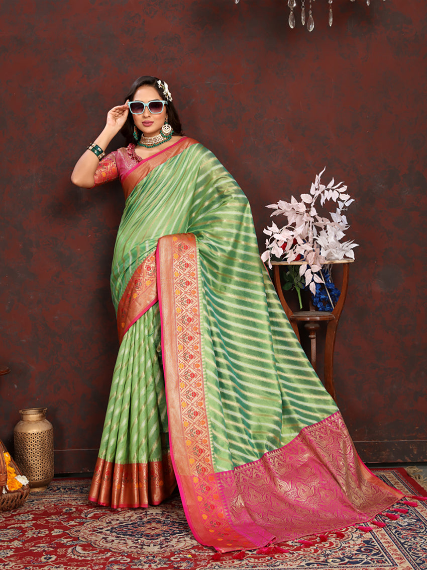 Lorenvalley Fashion Green Organza Silk Woven Design with Rich Meenakari Weaving Pallu Saree | Grocsy