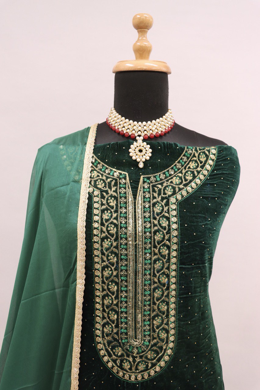 Lorenvalley Fashion Women Green Velvet Embroidered Salwar Suit Material | Grocsy
