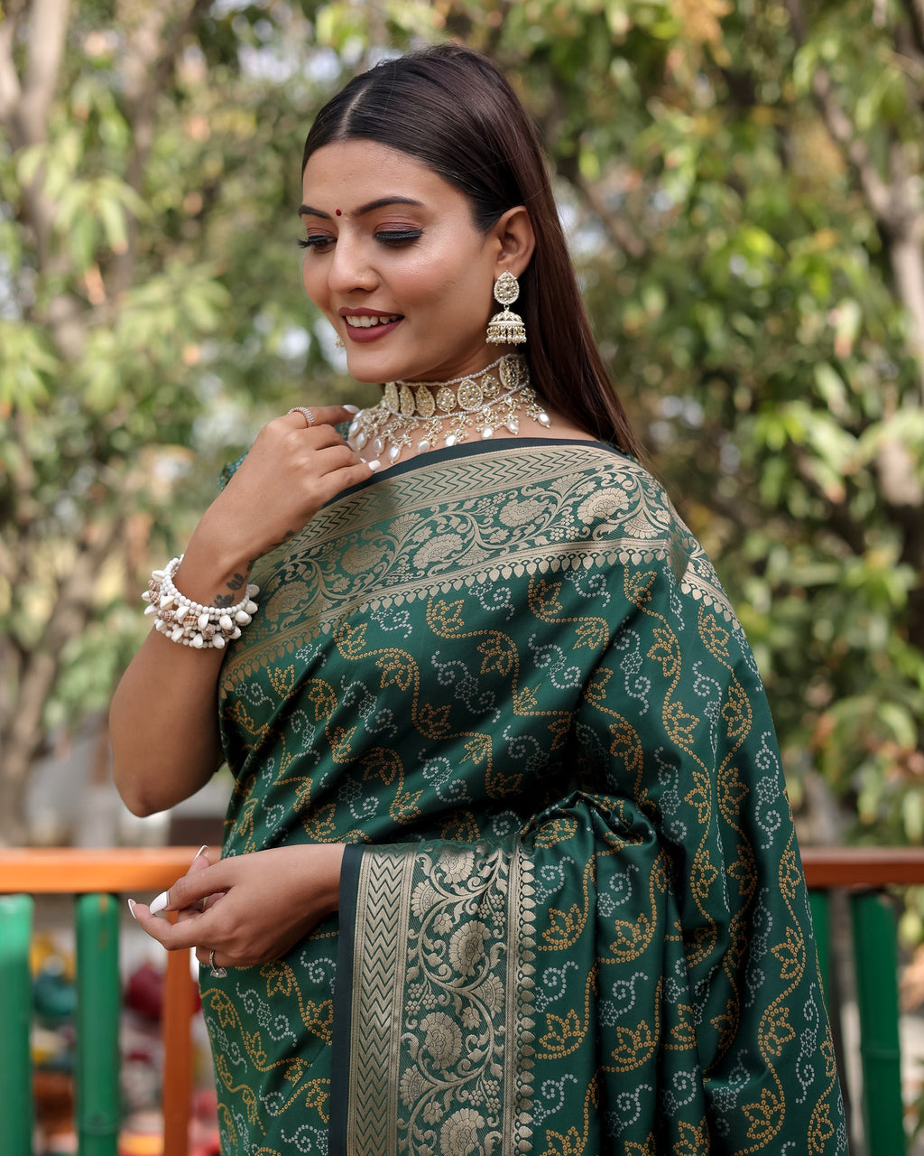 Lorenvalley Premium Bandhej Patola Silk Sarees with kanchi Borders and Contrast Zari Weaving borders Saree - Green | Grocsy