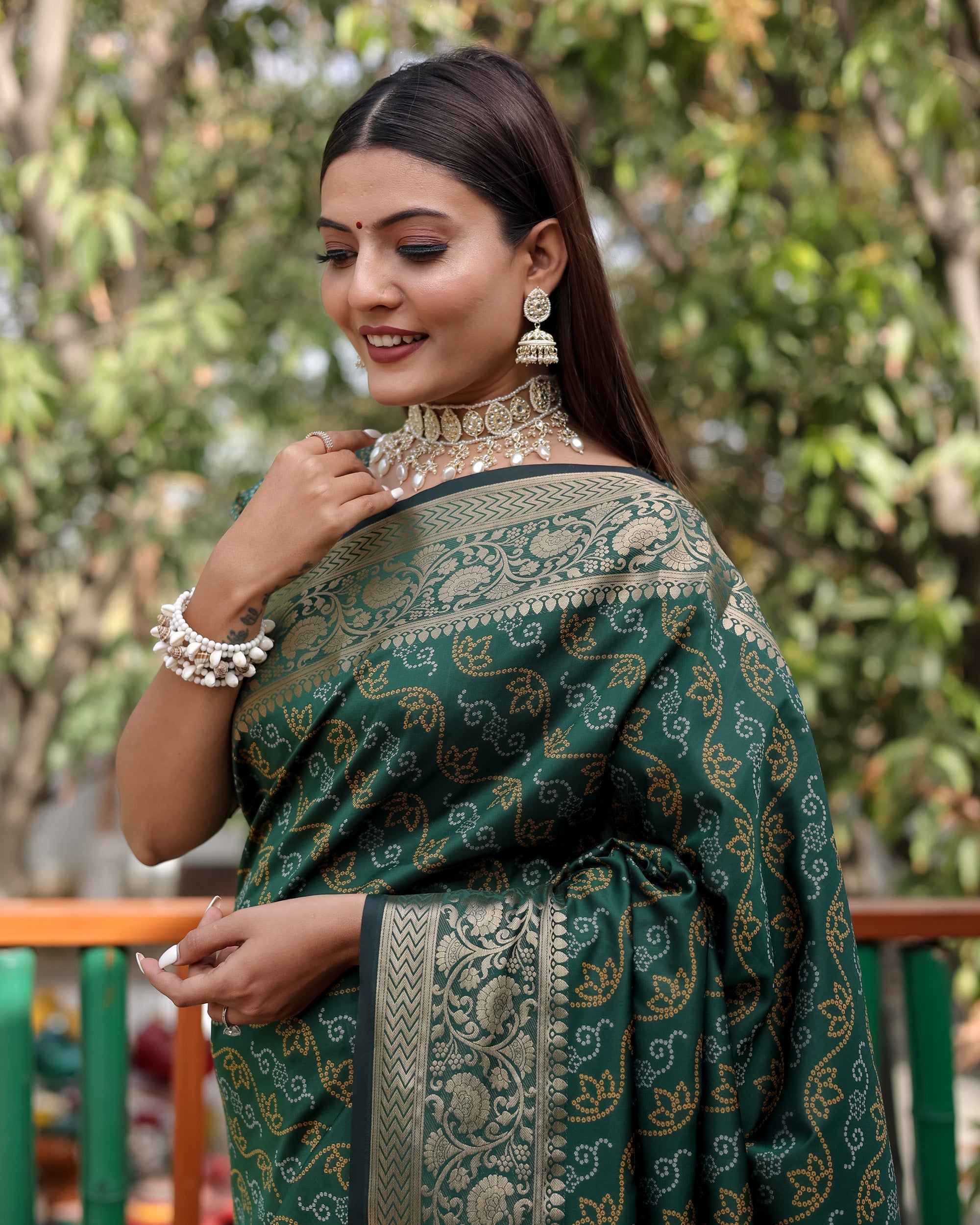 Lorenvalley Premium Bandhej Patola Silk Sarees with kanchi Borders and Contrast Zari Weaving borders Saree - Green | Grocsy