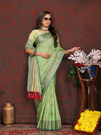 Lorenvalley Fashion Green Soft Katan Silk Woven Design Zari Weaving Pallu Saree | Grocsy