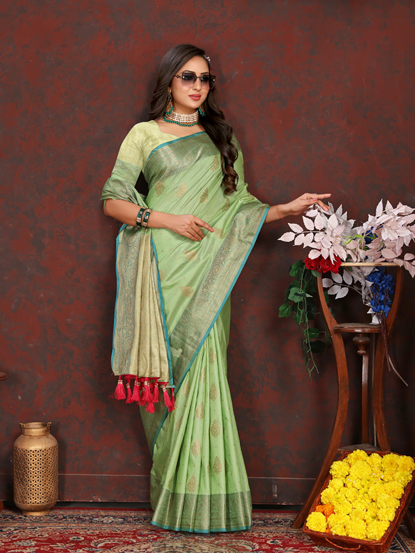 Lorenvalley Fashion Green Soft Katan Silk Woven Design Zari Weaving Pallu Saree | Grocsy