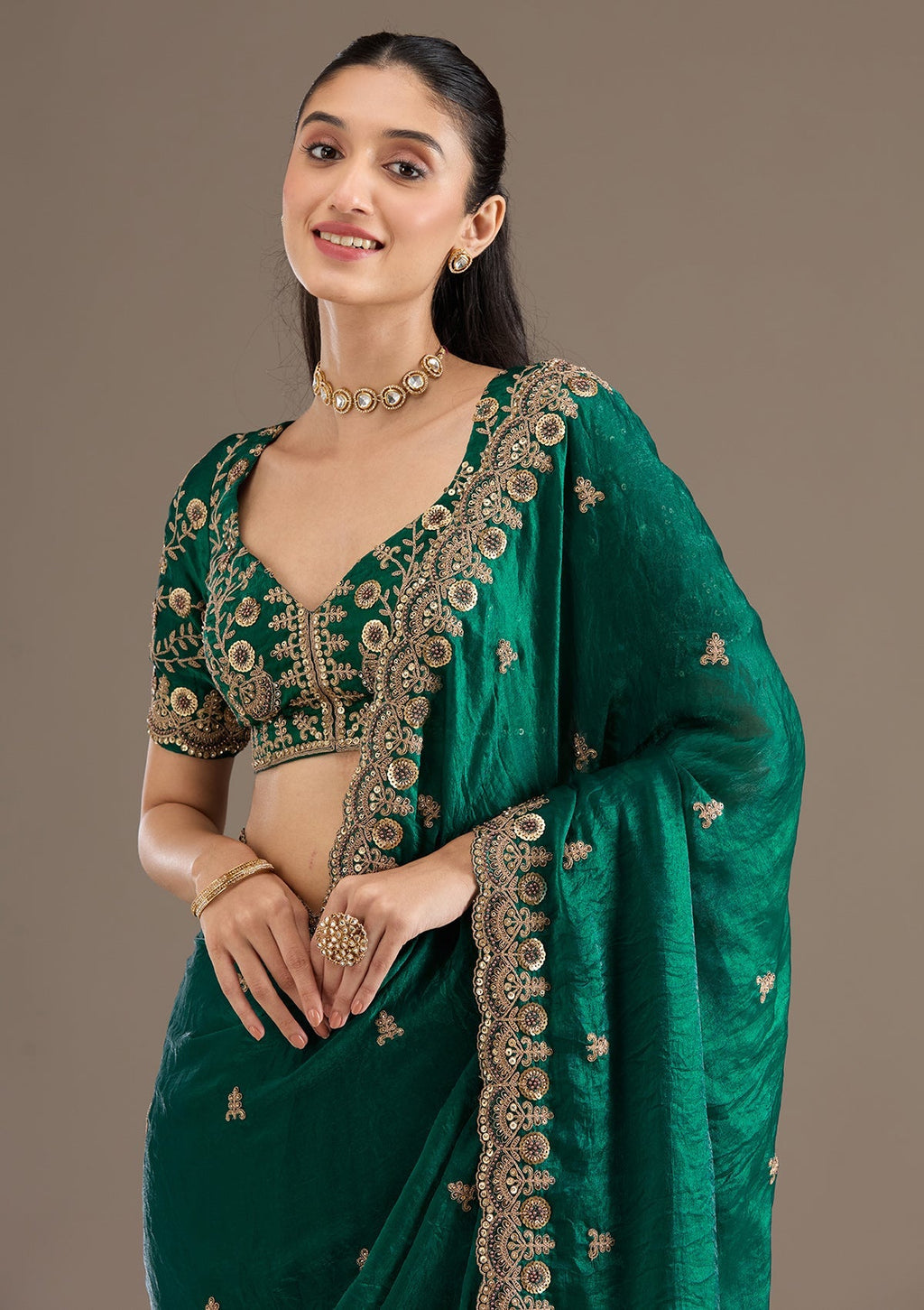 Lorenvalley Fashion Green Fendy Satin with Embroidery Double Sequence Work Saree with Blouse | Grocsy