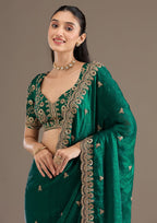 Lorenvalley Fashion Green Fendy Satin with Embroidery Double Sequence Work Saree with Blouse | Grocsy