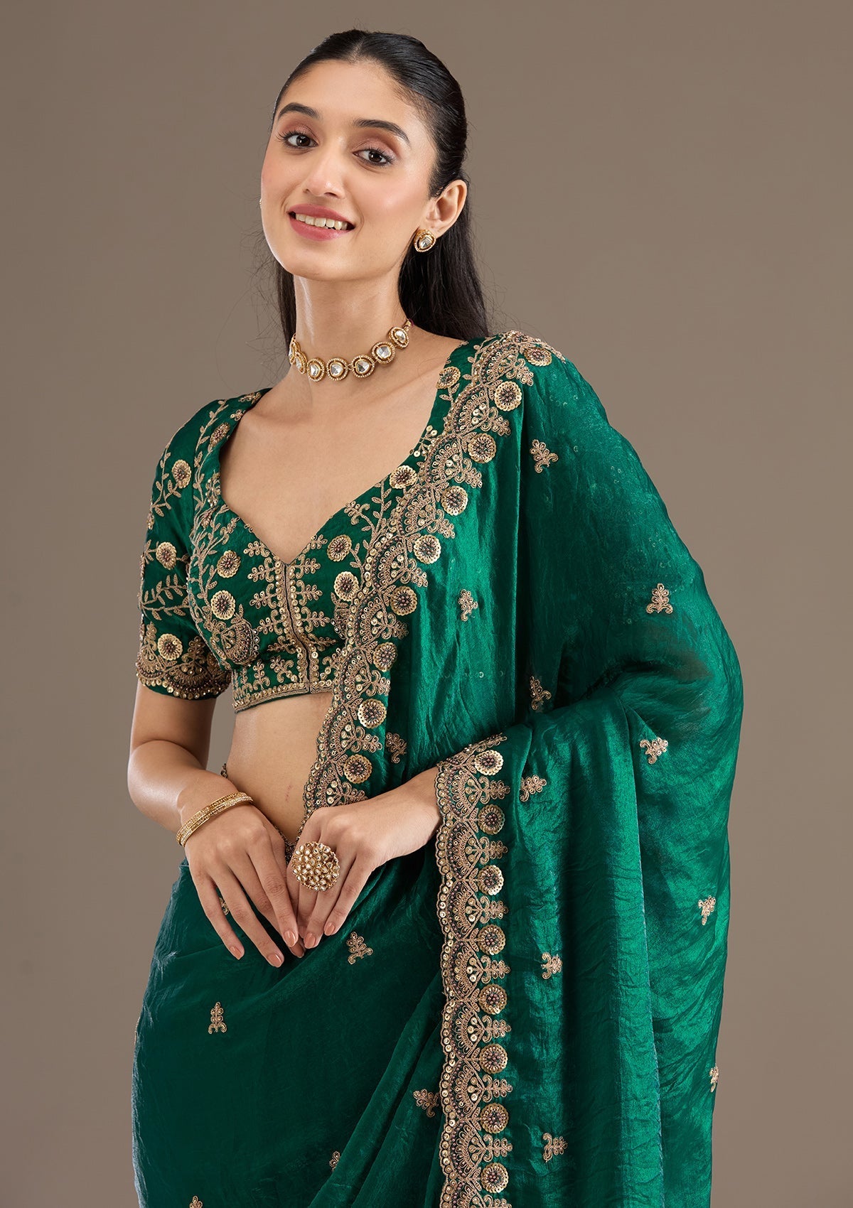 Lorenvalley Fashion Green Fendy Satin with Embroidery Double Sequence Work Saree with Blouse | Grocsy