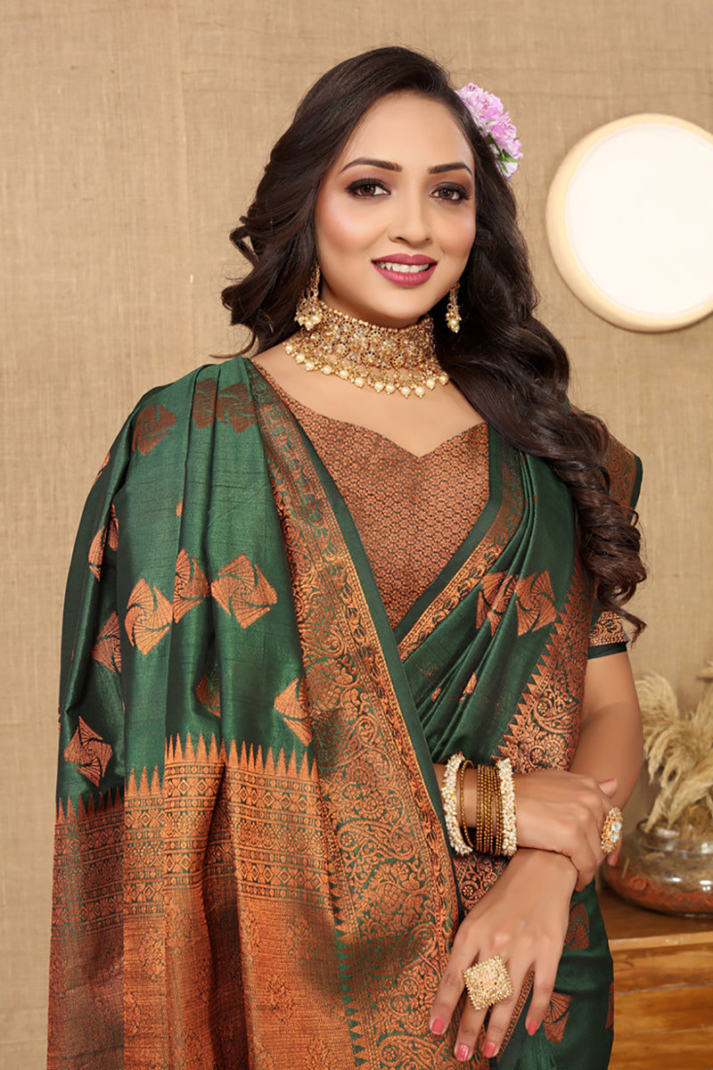 Lorenvalley Fashion Green Soft Katan Silk Woven Design Copper Zari Weaving Saree | Grocsy