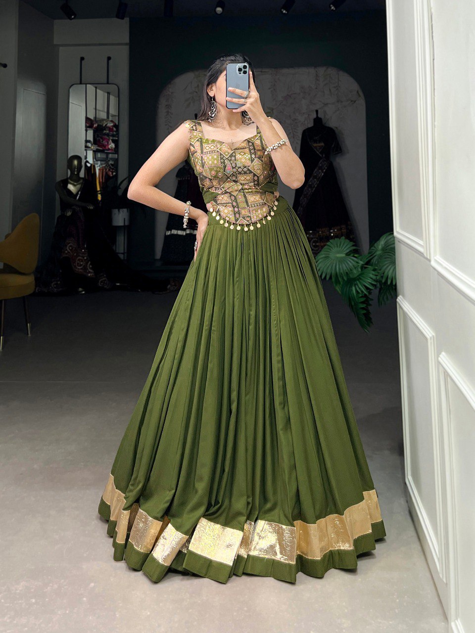 Lorenvalley Green Pure Rayon Plain With Embossed Design Lace Touch Up Lehenga Choli | Grocsy