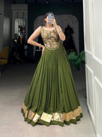 Lorenvalley Green Pure Rayon Plain With Embossed Design Lace Touch Up Lehenga Choli | Grocsy