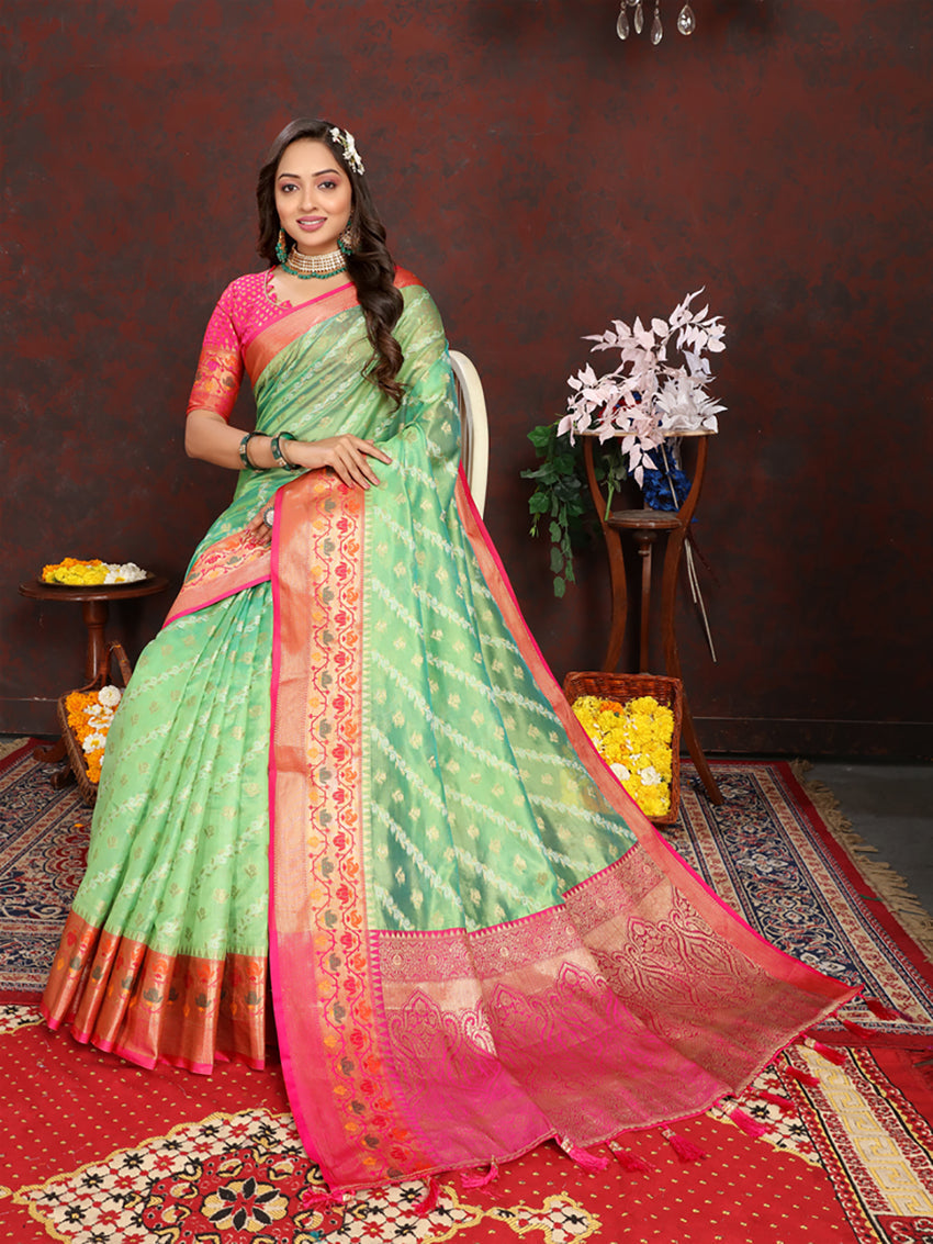 Lorenvalley Fashion Green Organza Silk Woven Design with Rich Meenakari Weaving Pallu Saree | Grocsy
