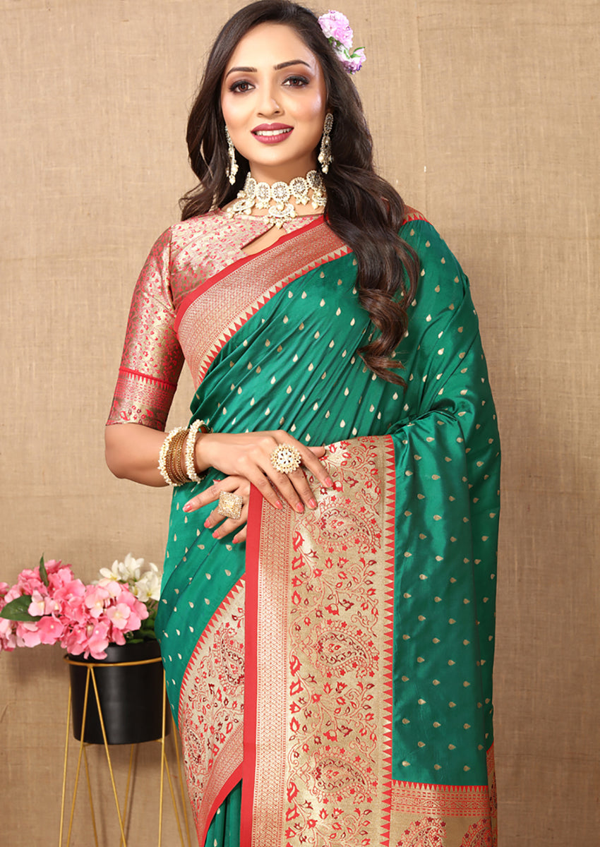 Lorenvalley Fashion Green Soft Silk weaving Design Rich Zari Weaving Saree | Grocsy