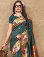 Lorenvalley Fashion Green Soft Paithani Silk Woven Design Rich Zari Meenakari Weaving Saree | Grocsy
