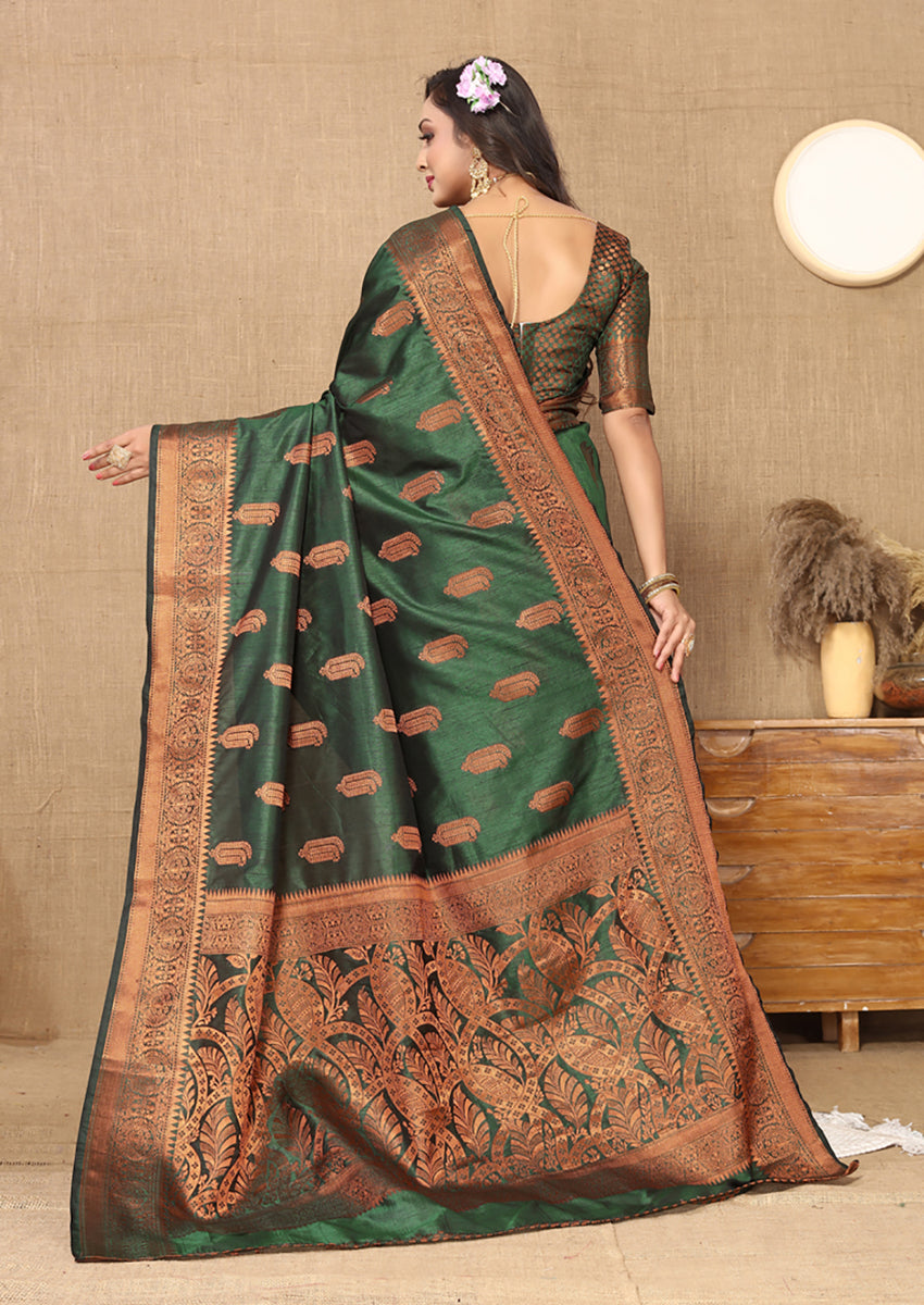 Lorenvalley Fashion Green Soft Katan Silk Woven Design Copper Zari Weaving Saree | Grocsy