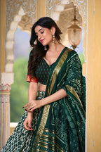 Lorenvalley Green Tussar Silk Ikkat Print With Foil Work Lehenga Choli with Dupatta | Grocsy