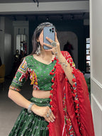 Lorenvalley Green Dola Silk Patola Print With Gamthi Work Lace Border Lehenga Choli with Dupatta | Grocsy