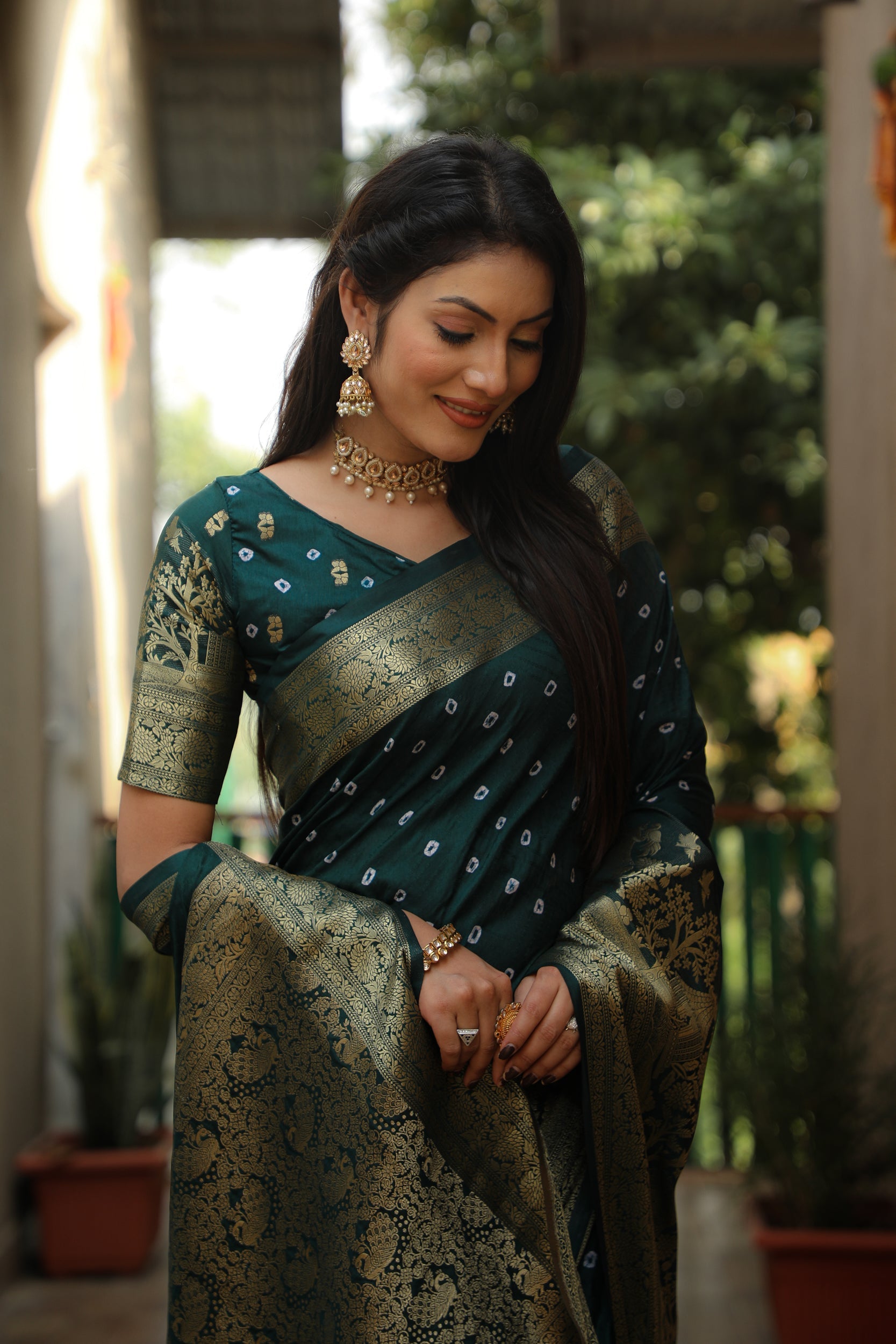 Lorenvalley Premium Pure Handmade Bandhej Kanjivaram silk saree with Zari Weaving Rich Pallu saree - Green | Grocsy