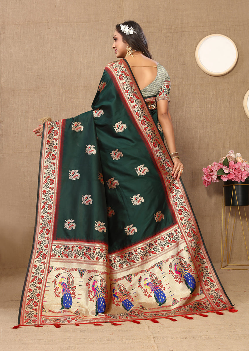 Lorenvalley Fashion Green Soft Paithani Silk Woven Design Rich Meenakari Zari Weaving Pallu Saree | Grocsy