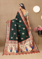 Lorenvalley Fashion Green Soft Paithani Silk Woven Design Rich Meenakari Zari Weaving Pallu Saree | Grocsy