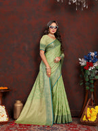 Lorenvalley Fashion Green Soft Katan Silk Woven Design Zari Weaving Pallu Saree | Grocsy
