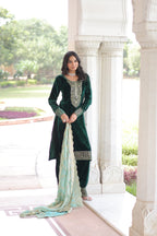 Lorenvalley Fashion Green Velvet with Rich Sequins & Zari Embroidered work Kurta Pant with Dupatta | Grocsy
